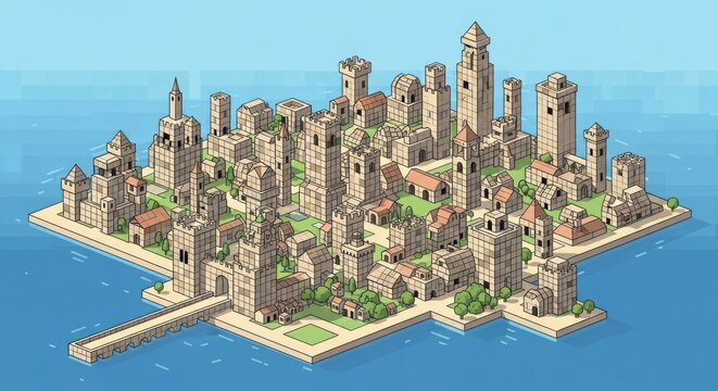 Isometric Pixel Art Cityscape on Island Surrounded by Water.
