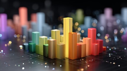 Colorful 3D Bar Graph on Abstract Background with Lights Representing Data Analysis and Visualization in a Modern Digital Environment