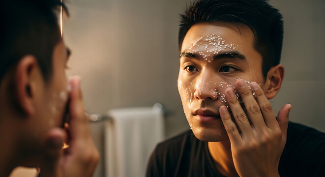 Young man meticulously applies a refreshing facial scrub to his face while looking in the bathroom mirror, highlighting a diligent self-care routine for healthy, vibrant skin