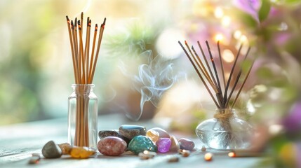 healing crystals, polished stones, and incense sticks, set on a blur background
