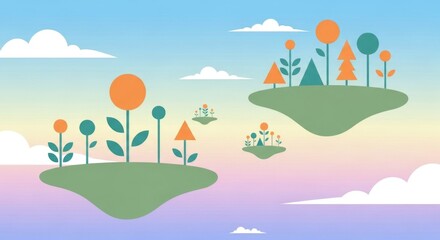 Minimalist fantasy landscape with floating islands and colorful flora.