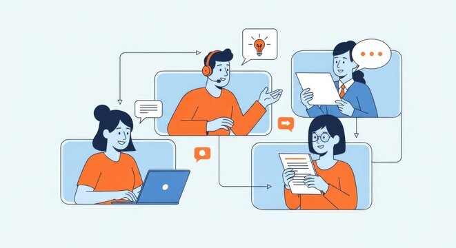 Modern flat illustration of a team collaborating in a virtual meeting online.