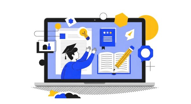 Modern Flat Illustration of Online Education and E-learning Graduation Concept. - Powered by Adobe