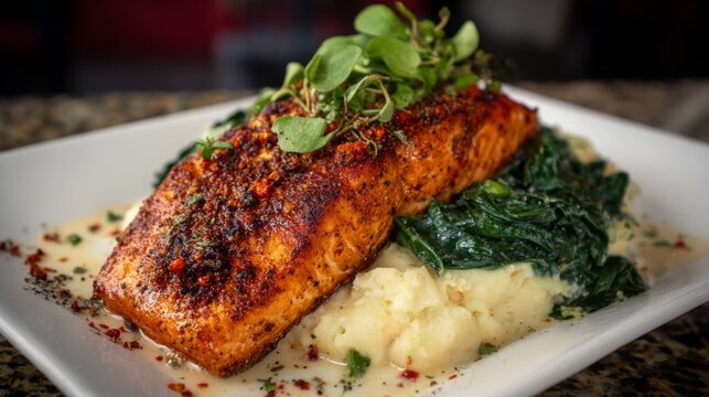 Delicious grilled salmon fillet served with creamy mashed potatoes and sautéed spinach on a white plate garnished with fresh herbs for a gourmet meal - Powered by Adobe