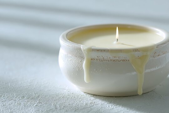 A beautifully lit candle in a white ceramic dish, with melted wax slightly spilling over the sides, captured in high detail - Powered by Adobe