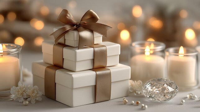Stacked white gift boxes with golden ribbons create an elegant holiday composition focused on luxury gifting. The scene conveys Christmas celebration, premium style, winter decoration and seasonal - Powered by Adobe