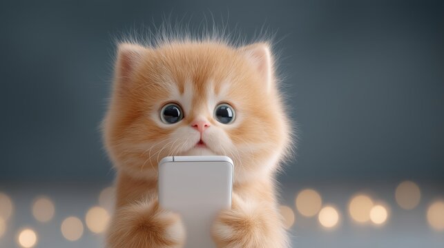 A ginger kitten grips a smartphone with both paws while staring with wide curious eyes. The image emphasizes adorable pet-themed humor and digital lifestyle concepts for playful marketing use
