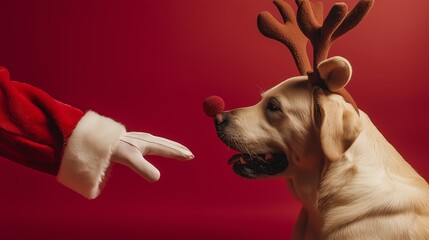 Golden Labrador in reindeer antlers touches Santa’s white glove on a clean red background, creating a playful Christmas for holiday campaigns.