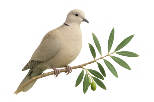 Dove bird standing on an olive branch with green olives, symbolizing peace and nature, transparent background