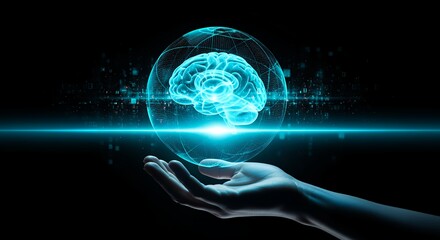 Human hand cradles a glowing holographic sphere containing a luminous blue digital brain surrounded by abstract data streams and binary code against a dark background Network Technology