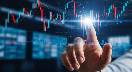 A hand touches a glowing holographic stock market chart with upward and downward trends shown in red and blue candlesticks against a dark abstract background Stock chart Trading Finance