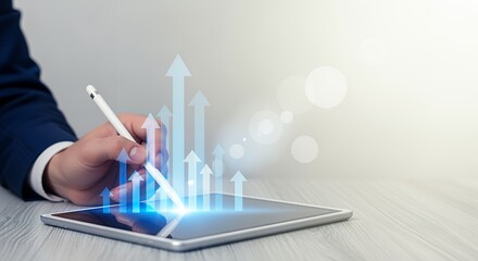 A person in a blue suit holding a stylus interacting with a tablet displaying animated upward arrows and glowing circles symbolizing growth and financial progress business chart graph