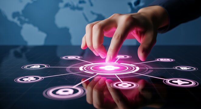 A human hand interacting with a glowing digital network interface displaying interconnected icons with a world map background in blue technology connection data global innovation futuristic
