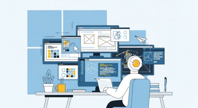 Person working on multiple computer screens at a desk.