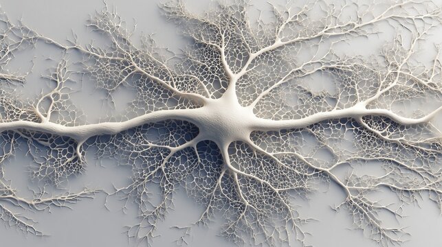 Top-view biological neuron structure with extended dendritic branches on a clean background. Scientific visualization concept for biology, medicine and research