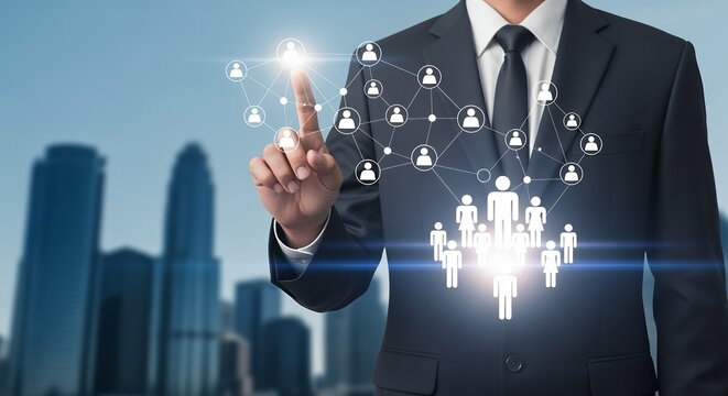 A businessman in a suit touches a glowing digital network diagram of people icons with a city skyline in the background Connection Technology Teamwork Global Corporate Abstract Futuristic