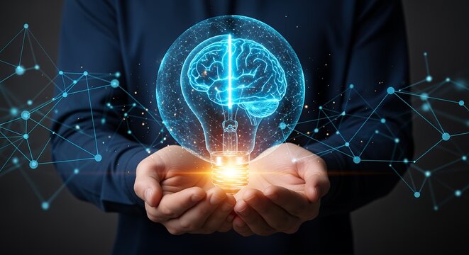 A glowing lightbulb containing a luminous blue brain model held in cupped hands surrounded by a digital network of connected nodes and lines innovation idea technology creativity concept - Powered by Adobe
