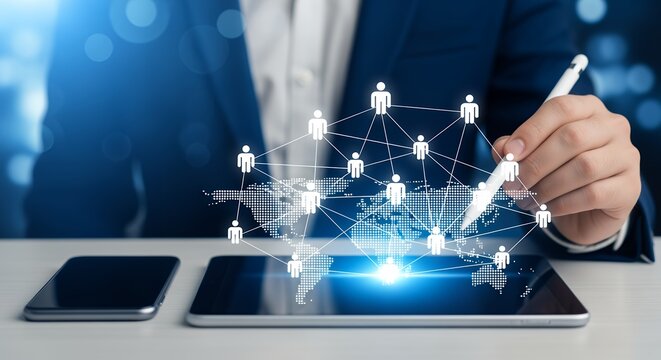 A person in a suit interacts with a digital global network overlaying a world map on a tablet screen with a smartphone beside it digital connection technology business communication