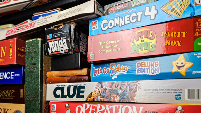 A collection of classic board games, including Monopoly, Connect Four, GO, Apples To Apples, Clue, Operation, Jenga, Let's Go Fishing and more.. For Editorial Use Only.