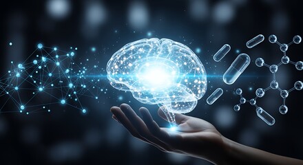 A hand holds a luminous interconnected digital brain displaying molecular structures and capsules against a dark abstract background Network Technology Science Medical Healthcare Innovation