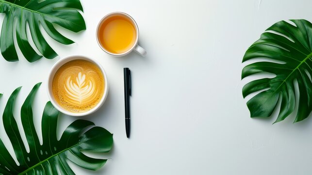 Aesthetic flat lay of a desk featuring planner, pen, and tea cup for productivity inspiration
