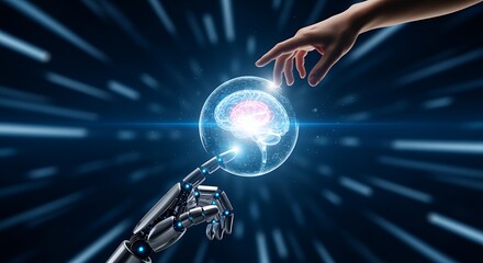 A robotic hand's finger touches a glowing human brain within a transparent sphere with a human hand reaching from above against a dark abstract blue background with light streaks Ai