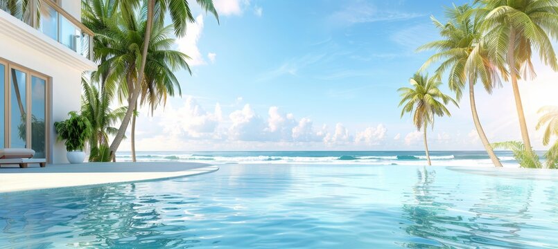Elegant luxury hotel infinity pool with ocean view under bright sunlight for tropical getaway