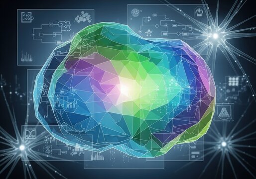 Abstract geometric neural network shape with data visualizations and glowing nodes