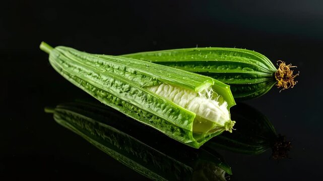 Angled Luffa: Vibrant green angled luffa gourds resting elegantly against a black surface, presenting unique natural textures.