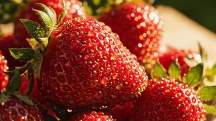 Vibrant red strawberries glistening with fresh water droplets, perfect for healthy summer recipes and delicious snacks