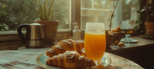 Cozy modern kitchen breakfast scene featuring coffee machine and fresh croissants for morning vibes