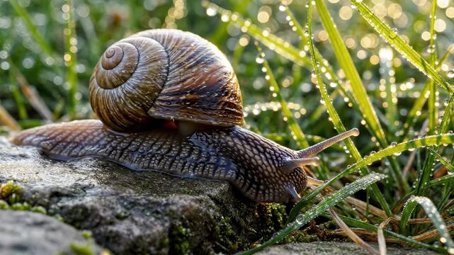 A snail rests on a rock amidst dewy grass shell prominently displayed
