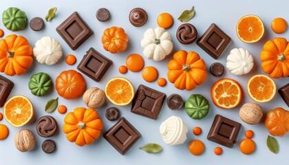 Vibrant halloween candy flat lay with neon reflections and colorful wrappers in top down photography