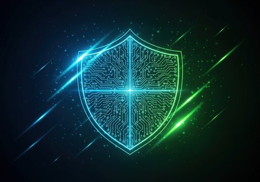 Glowing digital shield with circuit board pattern and light streaks on dark background