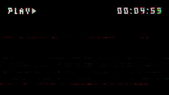 Glitch VHS tape plays. showing PLAY indicator, timestamp glitch noise, and static lines. 4K resolution video.
