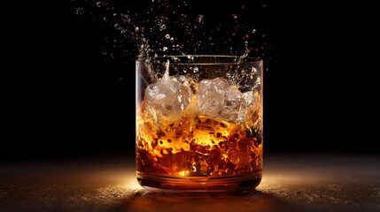 Close-Up View of Splashing Liquid in Glass with Ice Cubes on Dark Background