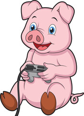 Cute happy pig playing videogame