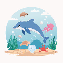 Obraz premium Vibrant underwater scene featuring a playful dolphin, sea turtles, a crab, and a jellyfish, with colorful marine plants and shells on the sandy seabed