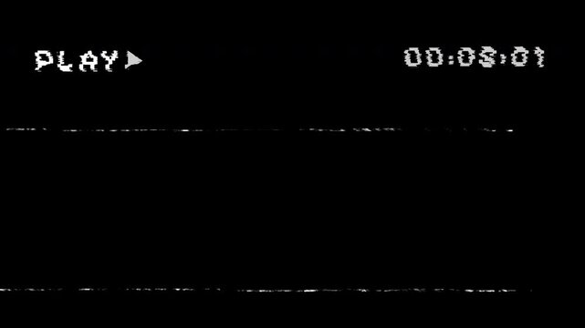 Retro style PLAY icon symbol with glitch effects and distortions. animation VHS video tape play screen on black background.