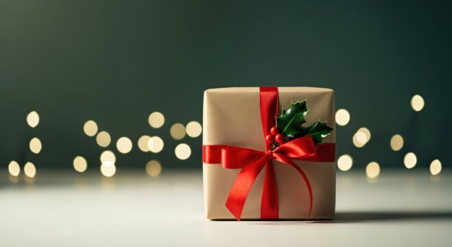 Christmas present wrapped in kraft paper with a vibrant red bow and natural holly decoration, set against a blurred background of warm lights. - Powered by Adobe