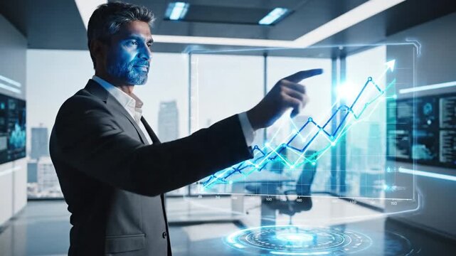 Confident executive analyzing holographic data projections in modern office, envisioning future growth and success scenarios for company
