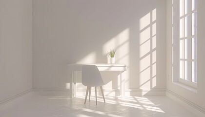 Cozy minimalist modern home interior featuring abundant natural light and a stylish workspace setup