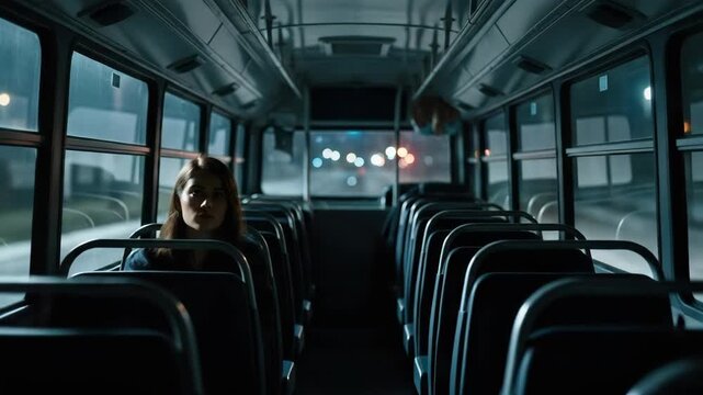 Night bus interior passenger travel, city lights, dark journey, transportation exploration. Solitary individuals pensive gaze reflects citys vibrant glow. Moody lighting, empty seats evoke