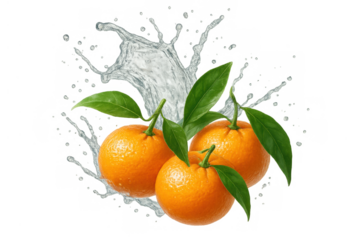 Fresh clementines with green leaves showing a vibrant water splash, healthy citrus fruit on transparent background