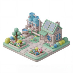 Creative miniature eco-friendly house model with garden and water towers indoor setting 3d design