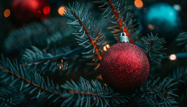 Close up of colorful christmas tree ornaments and lights creating a cozy holiday atmosphere
