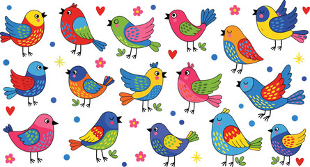 Colorful cartoon birds, whimsical nature illustration, vibrant decorative design, cute animal clipart, cheerful spring art, playful floral elements, children’s vector artwork