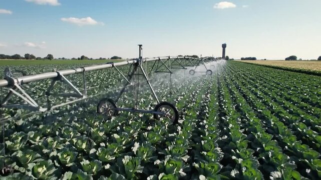 Irrigation system watering a field of cabbage on a sunny day