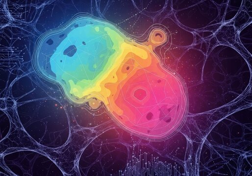 Abstract colorful blob with neural network and circuit board graphics on dark background