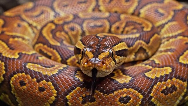 Majestic ball python coiled elegantly on mossy bark, showcasing its beautiful patterned scales in natural light